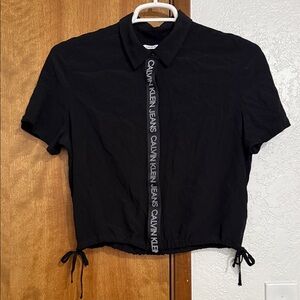 Calvin Klein Jeans Black Short-Sleeve Button-Front Shirt with Branded Tape